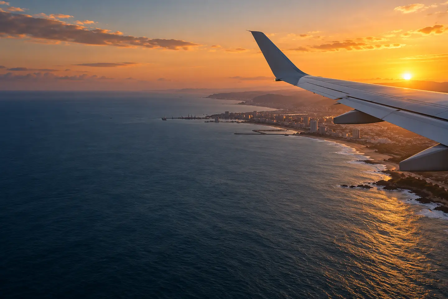 Illustrative view of an aircraft wing over an African coastline at sunset